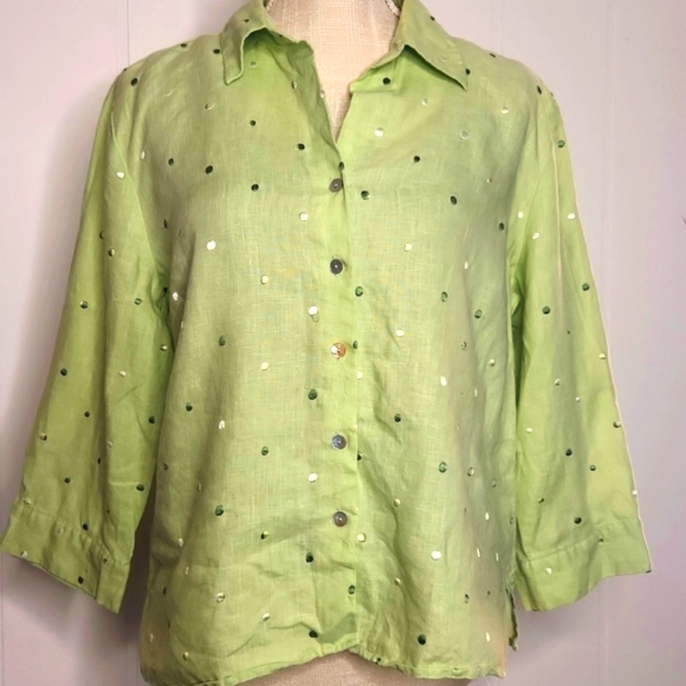 Irish Linen Green Polka-dot Minimalist button-down lagonlook Jacket top